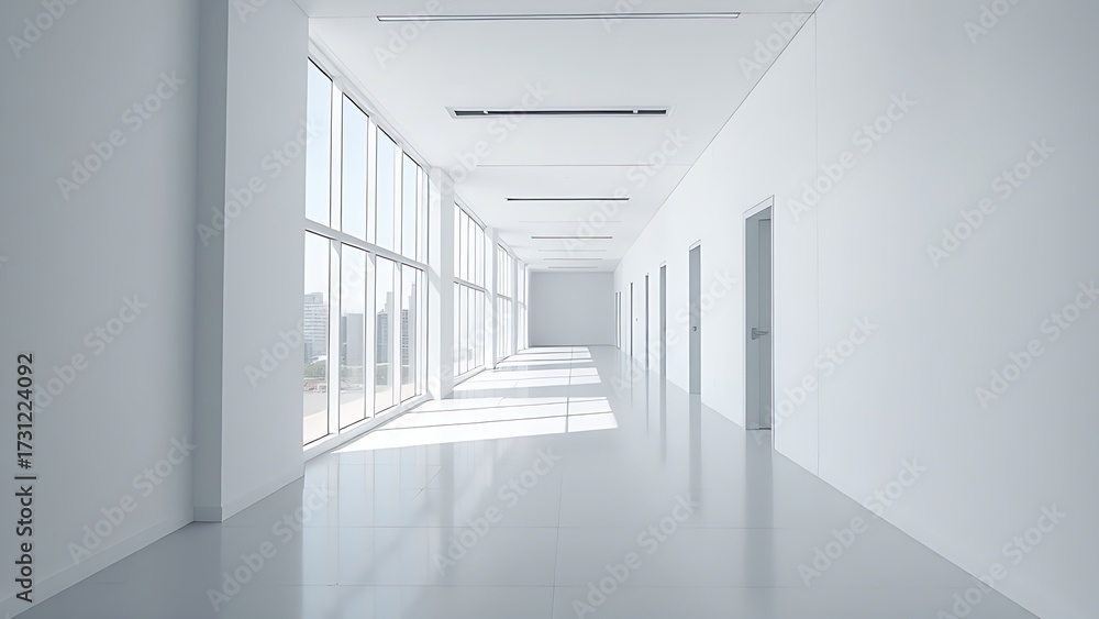 Fototapeta premium Modern white office corridor with large windows and clean lines.