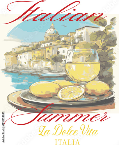 Italian Amalfi Italy Postcards euro summer lemons trending branding cute novelty conversational europe slogan fish sun landscape fashion script logo Tee t-shirt artwork typography tote badge vector