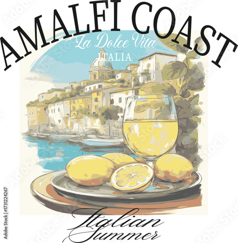 Italian Amalfi Italy Postcards euro summer lemons trending branding cute novelty conversational europe slogan fish sun landscape fashion script logo Tee t-shirt artwork typography tote badge vector