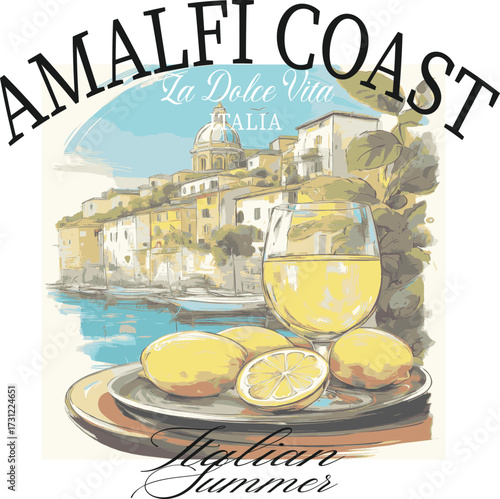 Italian Amalfi Italy Postcards euro summer lemons trending branding cute novelty conversational europe slogan fish sun landscape fashion script logo Tee t-shirt artwork typography tote badge vector