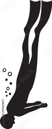 Dynamic silhouette diver plunging downward into water isolated on white background