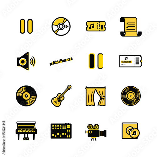Duotone icon set illustrating music audio entertainment performance and recording elements
