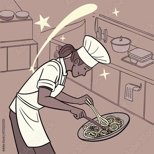 Skilled chef expertly tosses delicious pasta dish with utensils in a professional kitchen setting