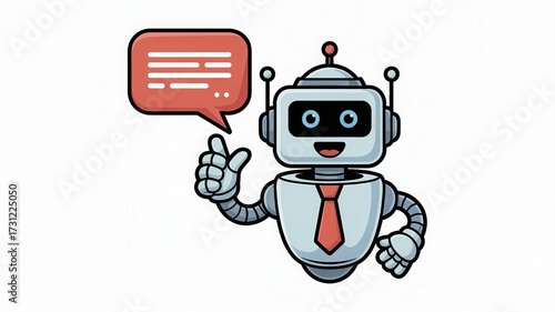 Friendly cartoon robot with a speech bubble offers helpful advice or information, perfect for tech and customer service