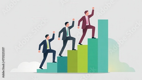 Successful businessmen climbing dynamic career growth chart, celebrating achievement and reaching new professional heights together.