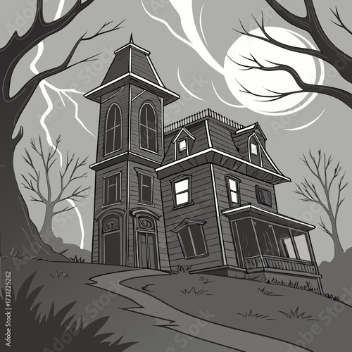 Spooky victorian haunted mansion on a hill under a full moon with lightning strikes