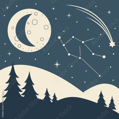 Stylized night sky with crescent moon stars constellation and shooting star over silhouetted pine trees