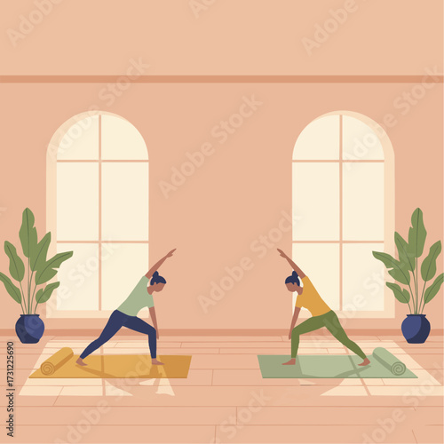Flat geometric vector artwork of a modern yoga studio interior