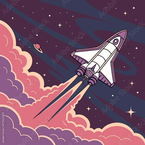 Stylized space shuttle blasting through colorful cosmic clouds with distant planet and stars