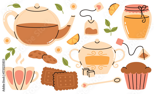 Cozy tea time set with teapot, cookies and honey jar.