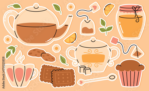Warm autumn tea composition with biscuits and muffins.