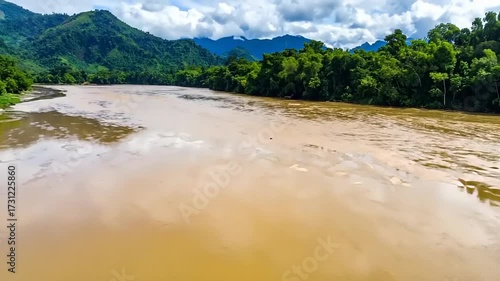 Wide river flows through a lush green landscape under a cloudy sky