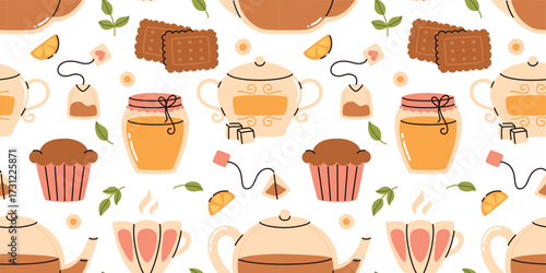 Seamless pattern with teapot, cookies and tea cups.