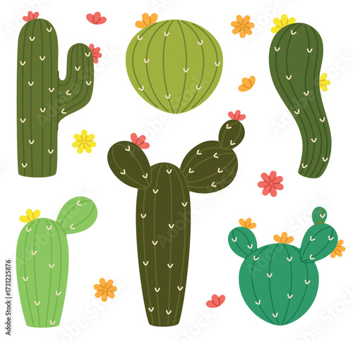 Set of cute green cacti with flowers.