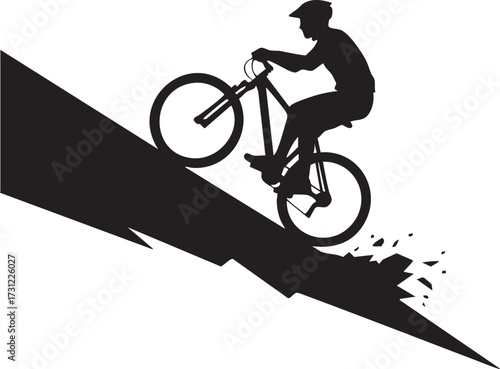 Dynamic silhouette mountain biker descending a steep textured slope isolated on white background