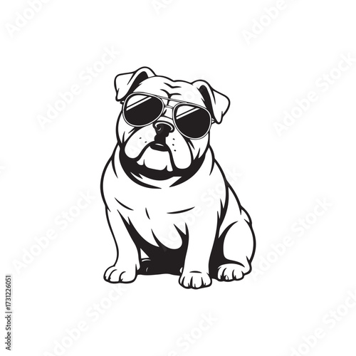 A stylized illustration of a bulldog wearing sunglasses, presented in black and white. The dog is seated and facing forward.
