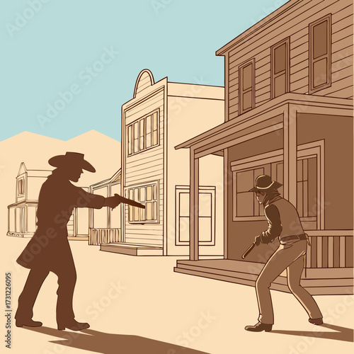 Two cowboys facing off in a standoff on a dusty street in a western town
