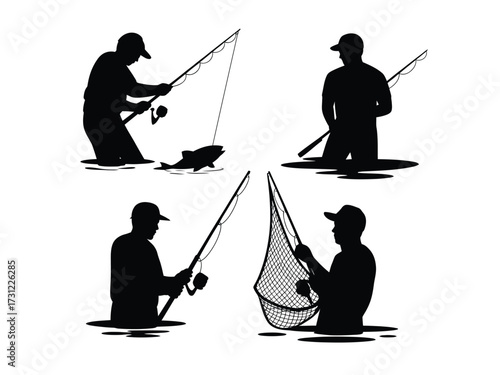 Black silhouette fishermen casting rods and netting fish fishing silhouettes