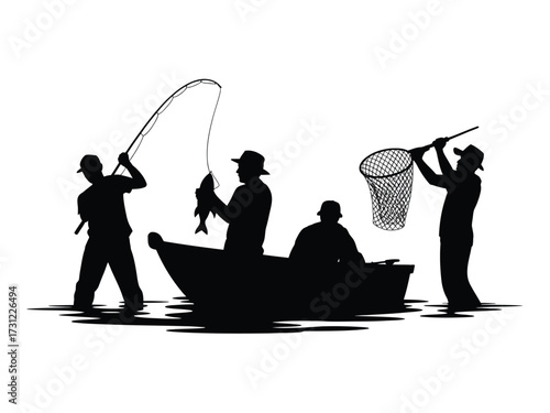 Black silhouette fishermen in boat casting net catching fish fishing