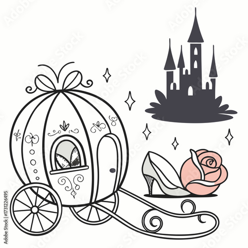 Whimsical cinderella carriage with a castle glass slipper and rose illustration