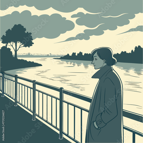 Woman in a long coat standing on a bridge railing overlooking a calm river