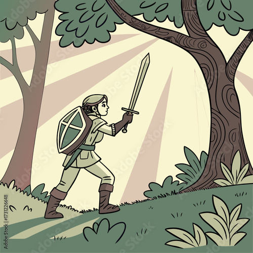 Young adventurer with sword and shield walks through a sunlit forest on a quest