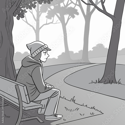 Young person wearing a beanie and hoodie sits alone on a park bench feeling sad