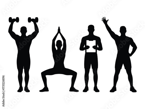 Black silhouette fitness trainers lifting weights doing yoga holding clipboard waving weightlifting