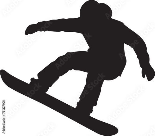 Dynamic silhouette snowboarder performing a jump on a white background isolated on white background