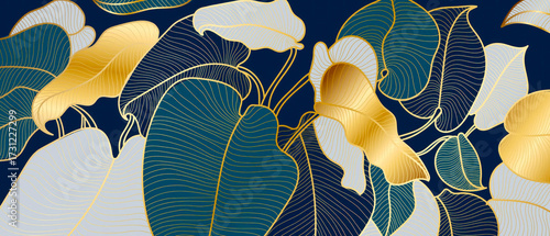 Elegant leaf pattern with gold accents on a dark blue background art