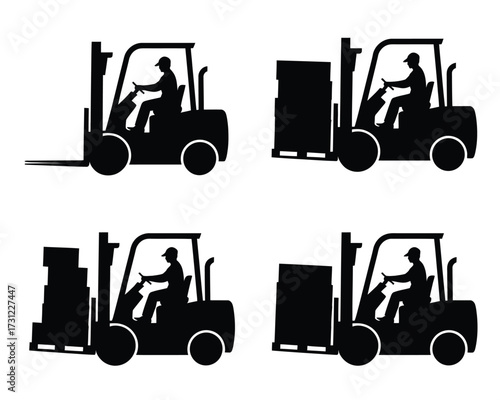 Black silhouette forklift operators moving cargo vector