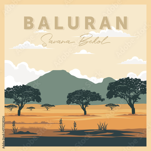 Baluran National Park Indonesia Travel Poster Vector Illustration.