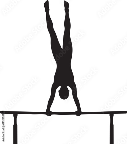 Gymnast performing a handstand on parallel bars in a dynamic silhouette isolated on white background