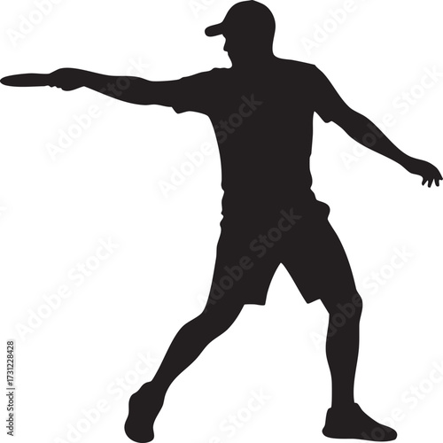 Man wearing a cap and shorts in a dynamic pose throwing a frisbee silhouette isolated on white background