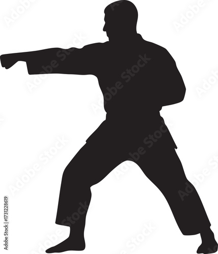 Martial arts silhouette karate fighter performing a punch isolated on white background