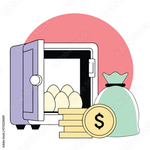 Secure safe deposit box filled with golden eggs retirement nest egg savings money