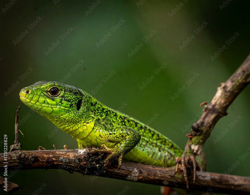 Fototapeta premium Close-up of a vibrant green lizard on a branch