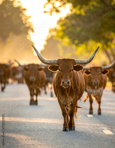 Texas Longhorn Cattle on Road.