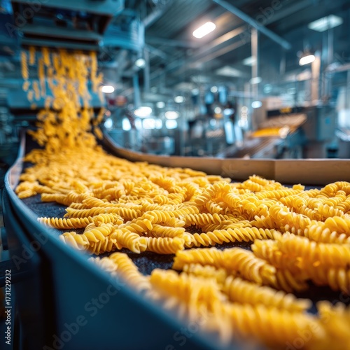 A close-up view of a production line conveying freshly made rotini pasta. The pasta flows along a conveyor belt within a large industrial food processing facility