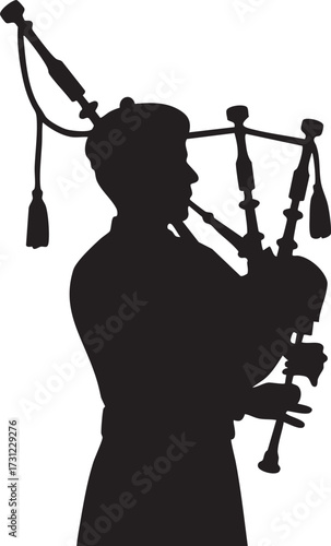 Silhouette bagpiper playing traditional scottish bagpipes isolated on white background