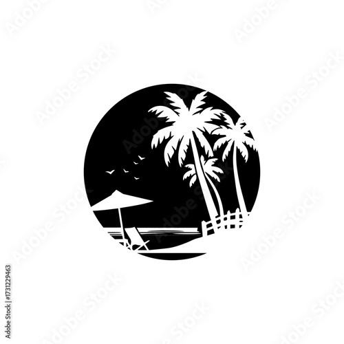Vector icon of beach scene with black circle background