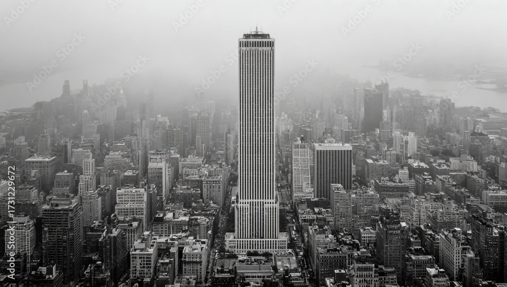Fototapeta premium Monochromatic aerial view of a towering skyscraper dominating a dense urban shrouded in mist