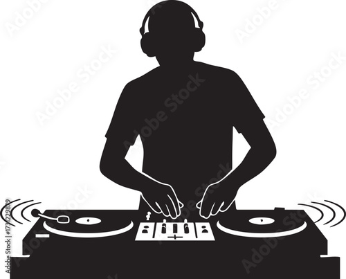 Silhouette dj wearing headphones at a turntable setup isolated on white background