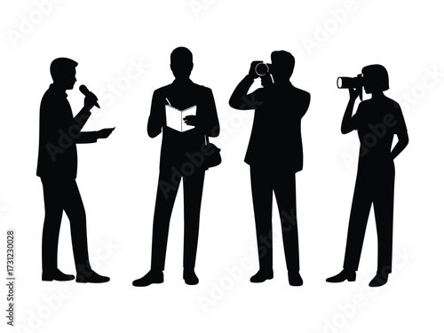 Black silhouette journalists holding microphones cameras and book vector