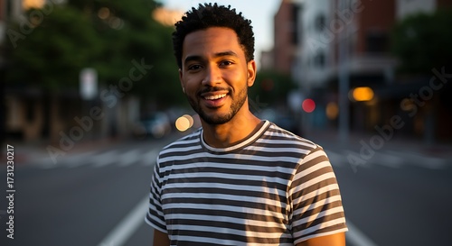 Smiling man stands outdoors near street portrait with natural lighting