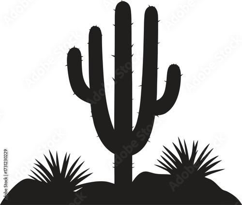 silhouette with cactus in desert. A desert scene with a cactus on white background..eps