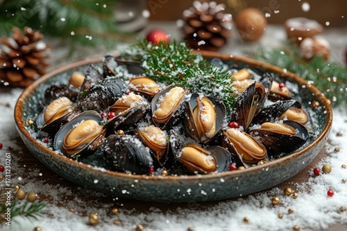 Close-up shot of mussel shells scattered on sandy beach, sunlight shimmering on their iridescent surfaces.