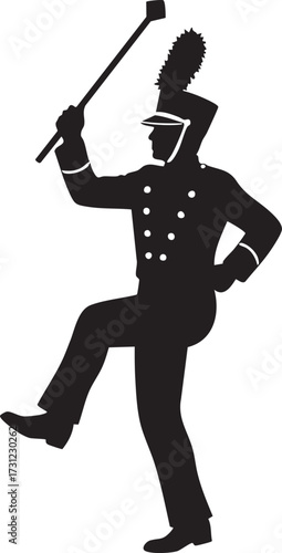 Silhouette drum major in a marching band uniform performing with a baton isolated on white background