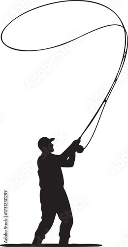 Silhouette fisherman casting a fly fishing rod with a dramatic loop isolated on white background