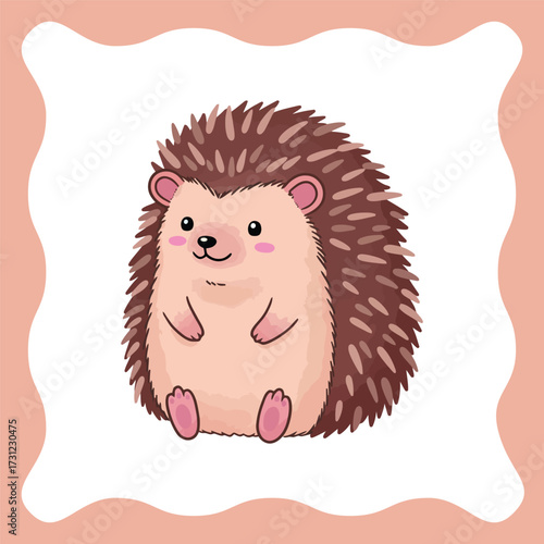 Cute cartoon hedgehog sitting and smiling with pink cheeks and paws.